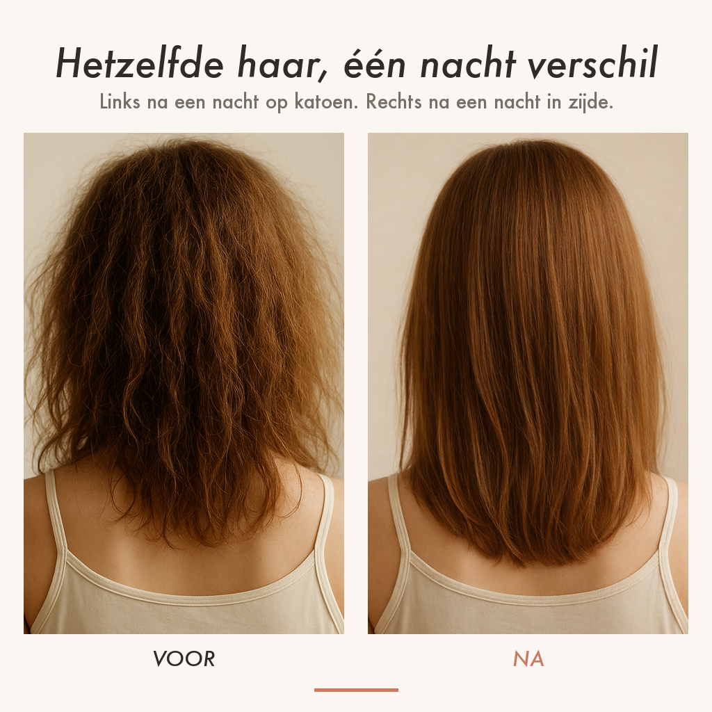 Voor en na: links haar na een nacht op een katoenen kussensloop, rechts hetzelfde haar na een nacht in de zijden slaapmuts