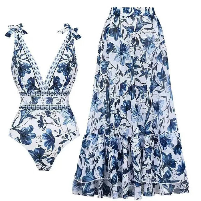 V-Hals Badpak met Rok – Elegante Tweedelige Strandset