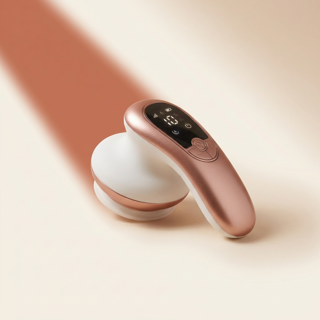 Huidstrakker Pro product packshot — elektrische cupping body massager op warme beige achtergrond
