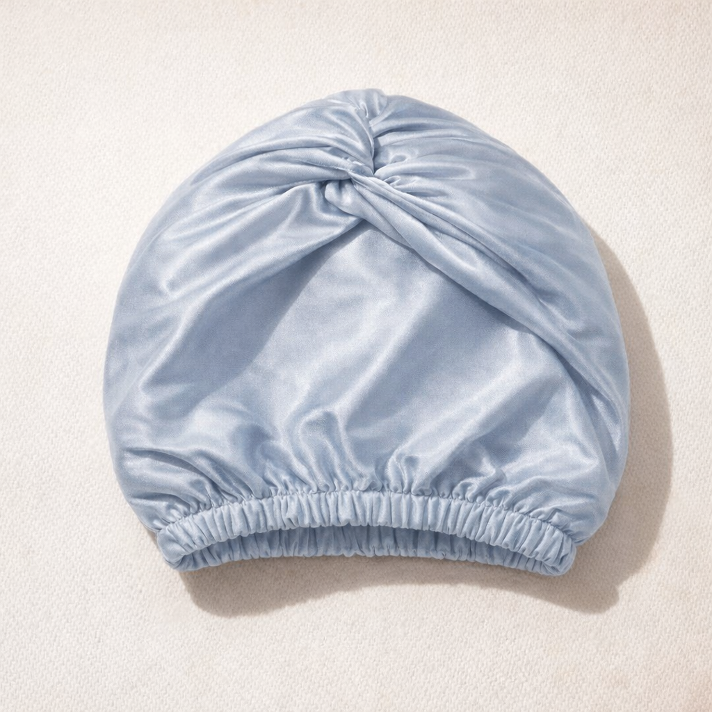 De zijden slaapmuts in poederblauw, gevouwen op een lichte ondergrond