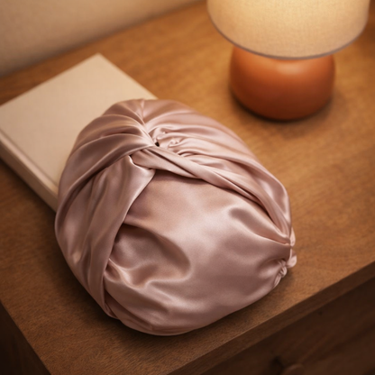 De zijden slaapmuts op een houten nachtkastje naast een boek en een schemerlamp