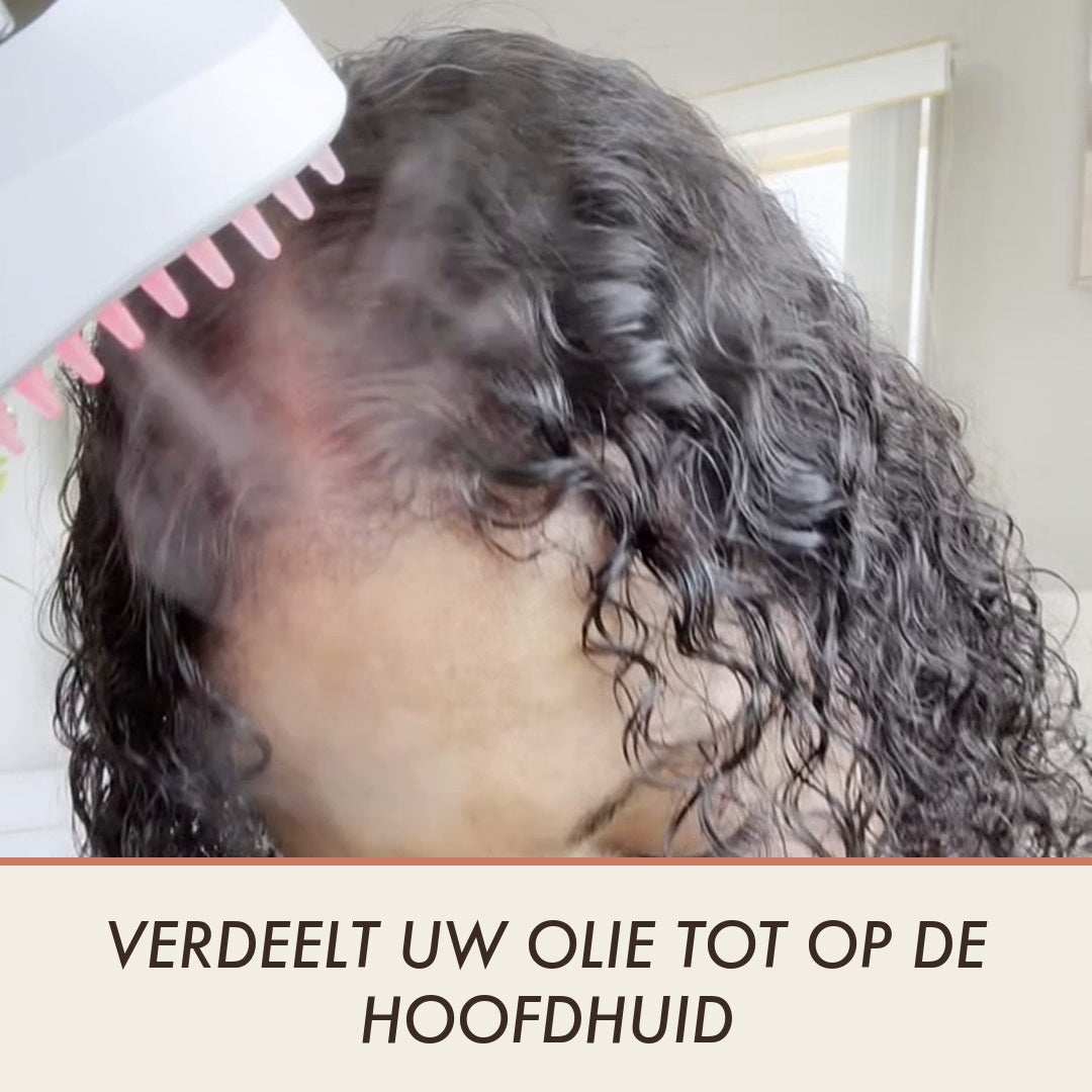 De borstel verdeelt olie tot op de hoofdhuid