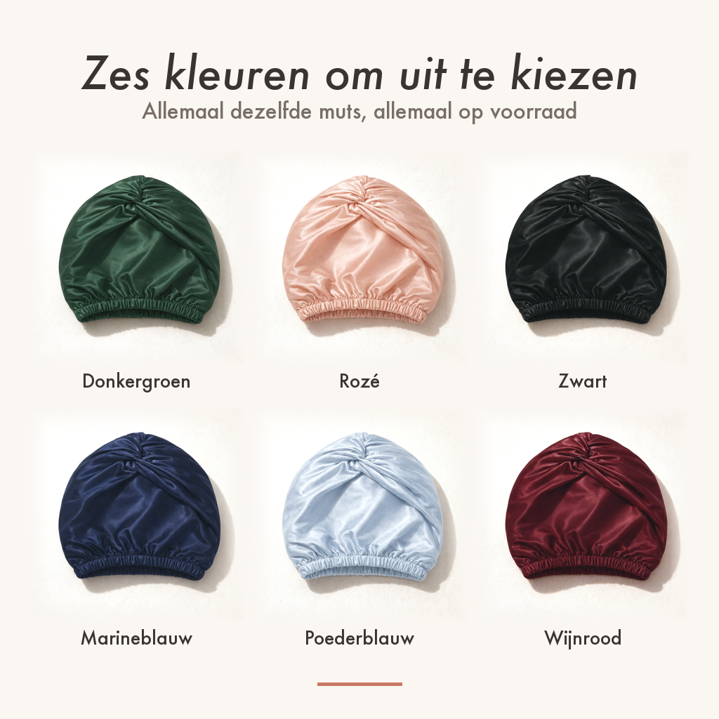 De zijden slaapmuts in alle zes kleuren: donkergroen, roze, zwart, marineblauw, poederblauw en wijnrood