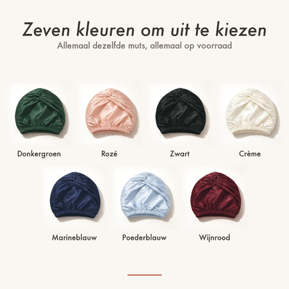 De zijden slaapmuts in alle zeven kleuren: donkergroen, rozé, zwart, crème, marineblauw, poederblauw en wijnrood