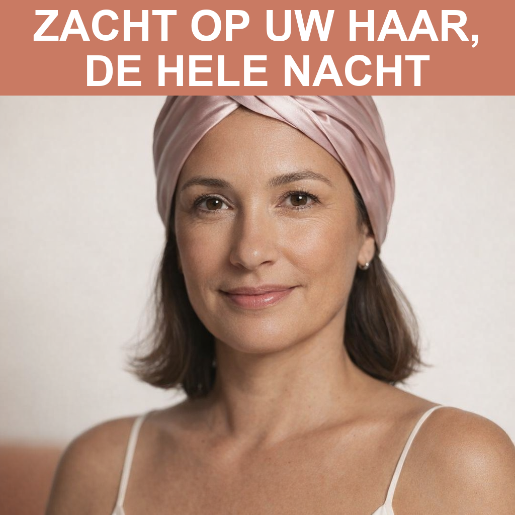 Vrouw draagt de zijden slaapmuts, studioportret tegen een lichte achtergrond