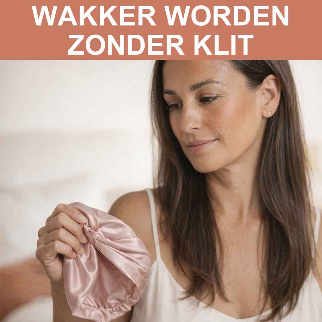 Vrouw haalt de slaapmuts s ochtends af, haar valt glad en glanzend naar beneden