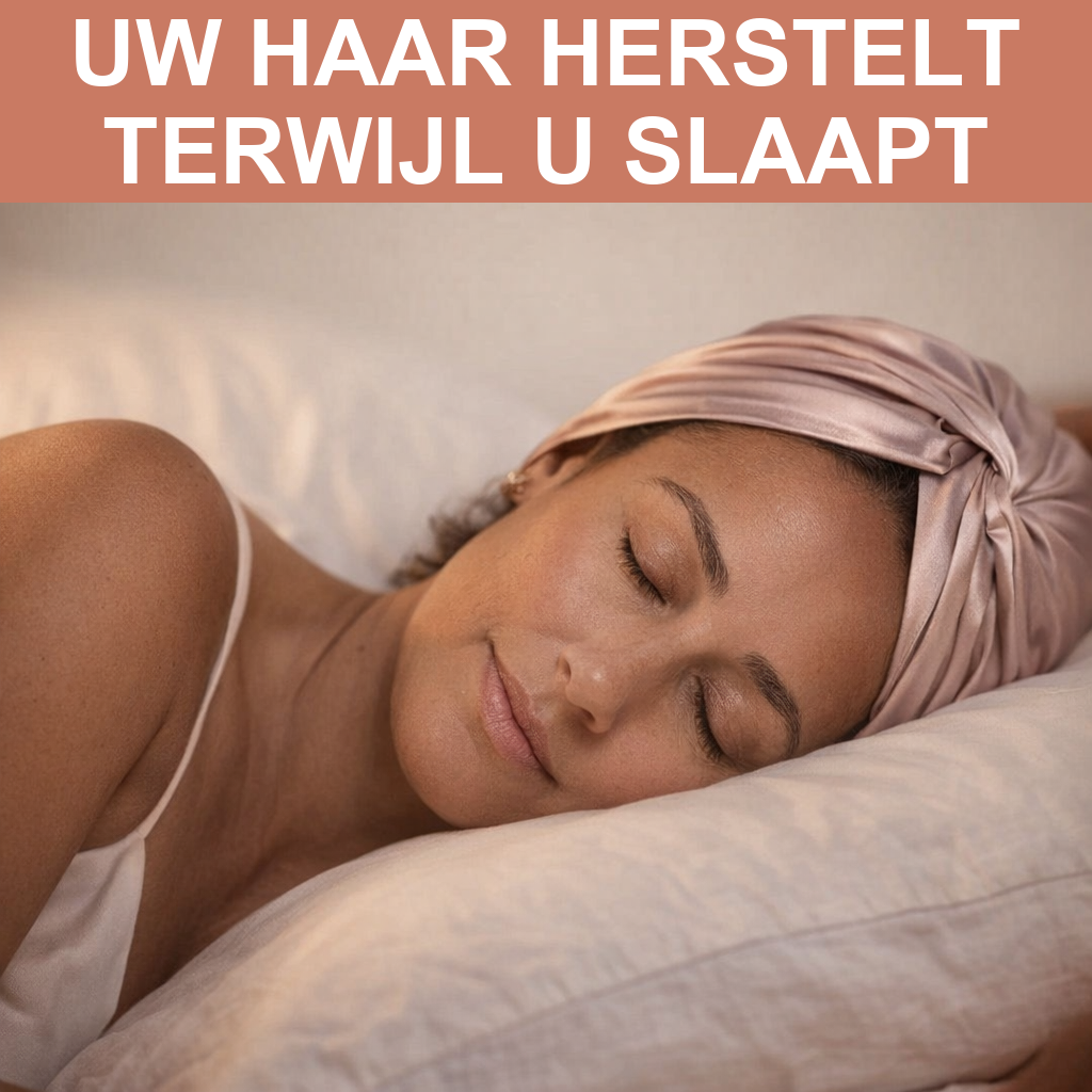 Vrouw slaapt op haar zij met de zijden slaapmuts op, hoofd op een wit kussen